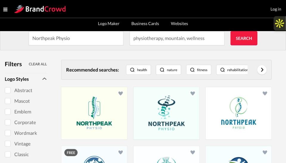 BrandCrowd logo results for Northpeak Physio: teal and green physiotherapy logos built around a stylized spine, with style filters above