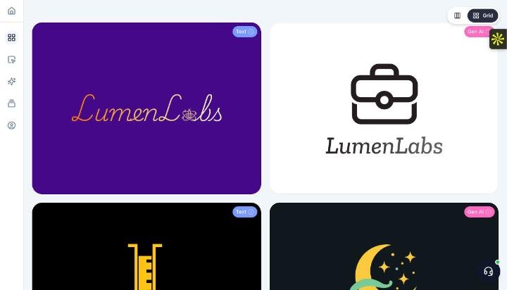Brandmark AI logo concepts for Lumen Labs: a grid of bold full-color wordmarks and icon logos labeled Text or Gen AI