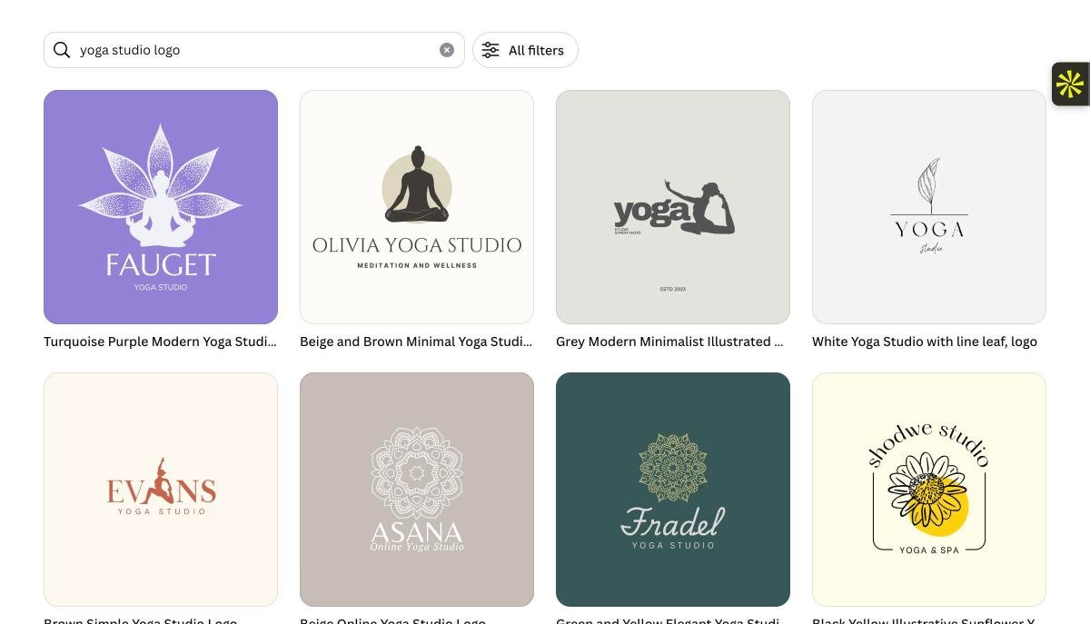 Canva yoga studio logo templates: a grid of lotus, leaf, mandala and meditating-figure logos in soft pastel palettes