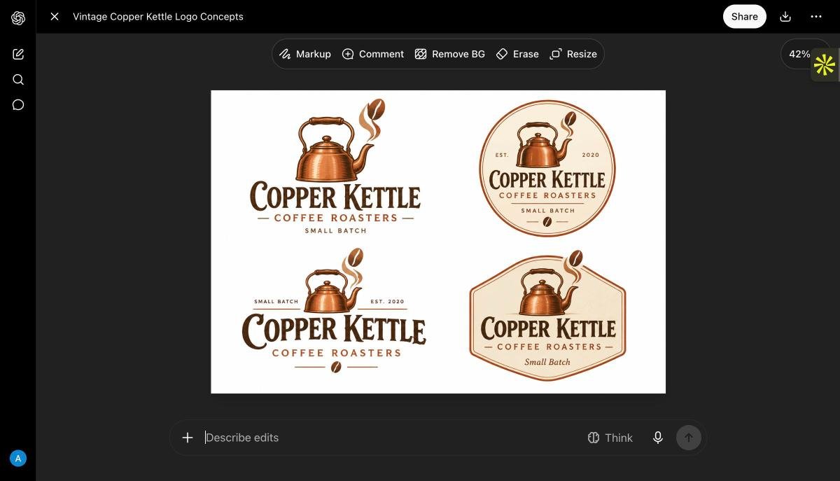 Four vintage ChatGPT logo concepts for Copper Kettle Coffee Roasters, each with a copper kettle and a coffee bean rising from the steam
