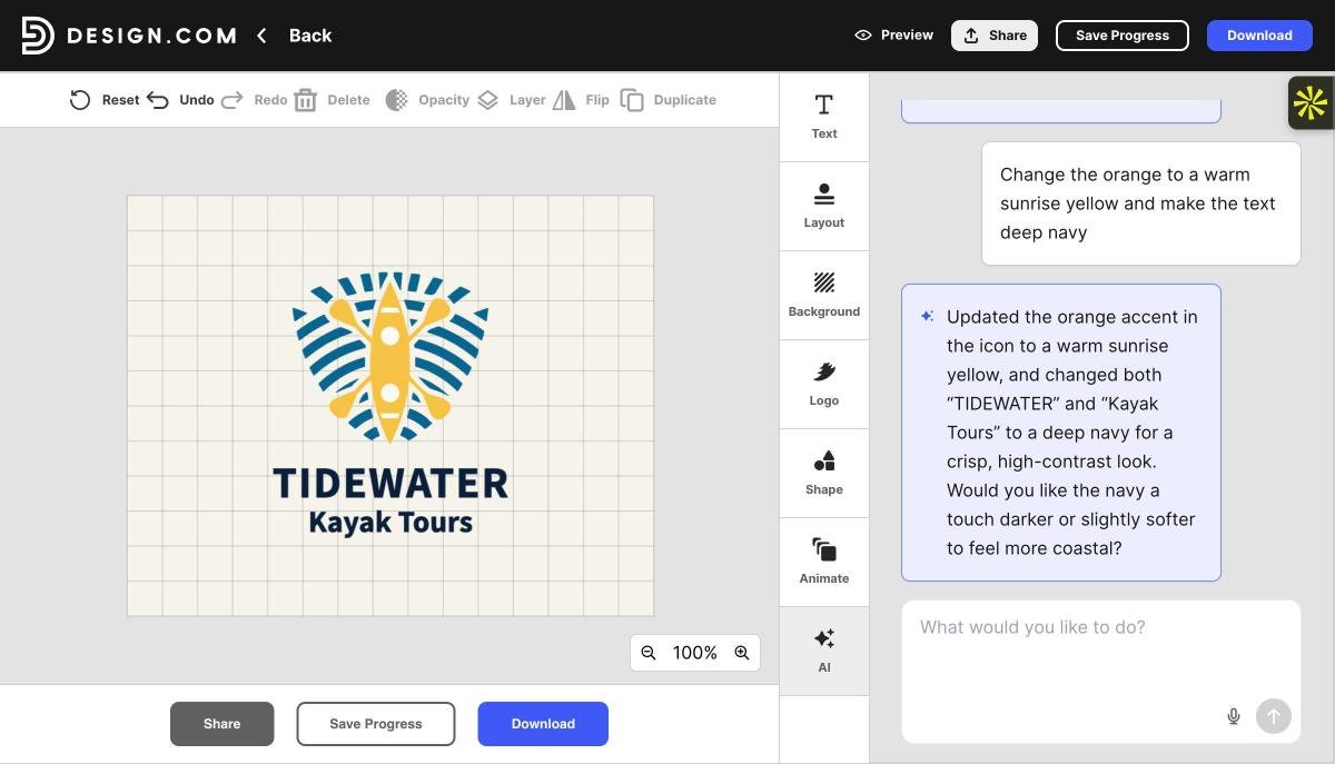 Design.com logo editor with the AI chat panel recoloring a Tidewater Kayak Tours logo to sunrise yellow and navy