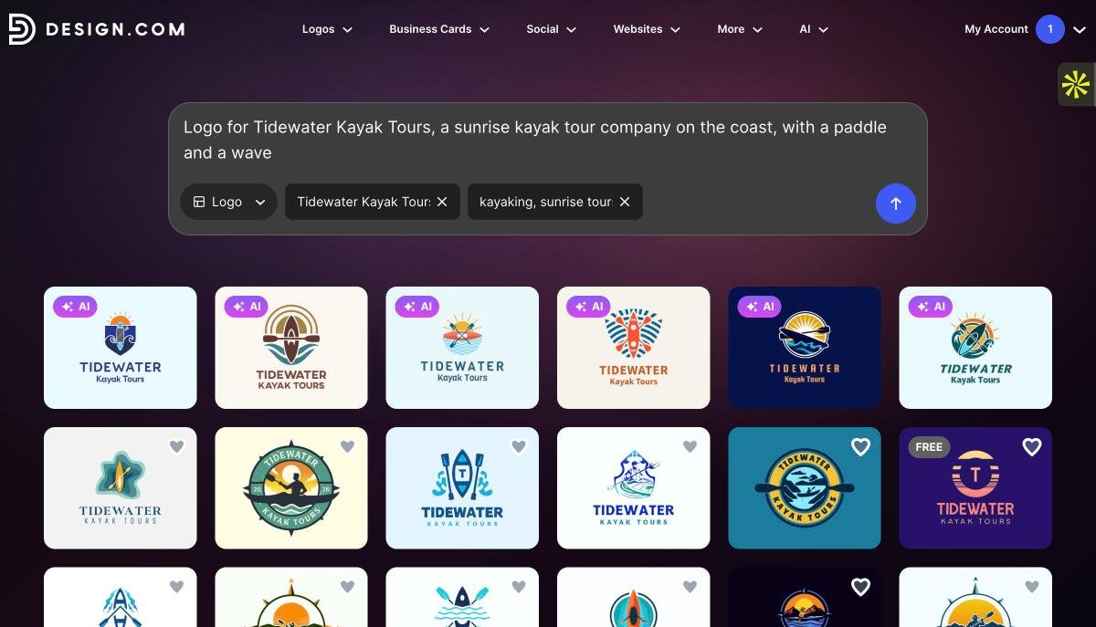 Design.com AI logo generator results for Tidewater Kayak Tours: six AI-generated kayak and sunrise logos above a grid of matching logo templates